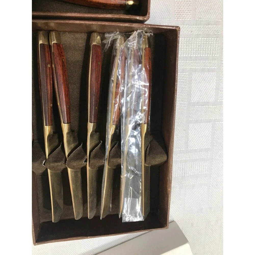 NEW! Williams Sonoma 6 Mini Forks 6 Mini Knives Knife Set Wood Handle Gold 5